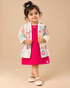 Baby party wear dress featuring a sleeveless midi inner and an open-front embroidered jacket.