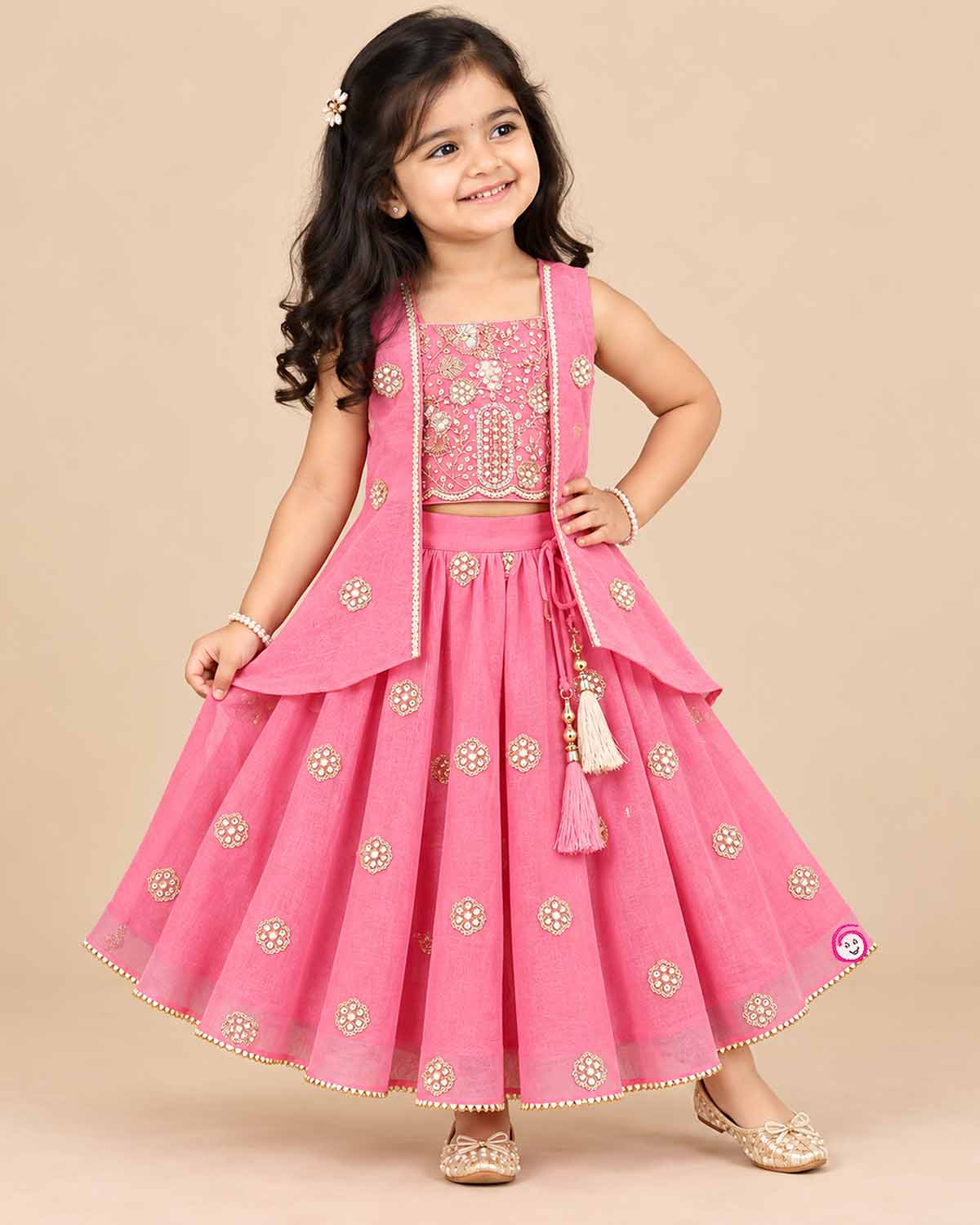 Girls pink embroidered lehenga choli set with long jacket for festive celebrations and weddings