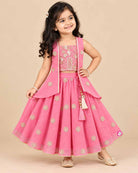 Girls pink embroidered lehenga choli set with long jacket for festive celebrations and weddings
