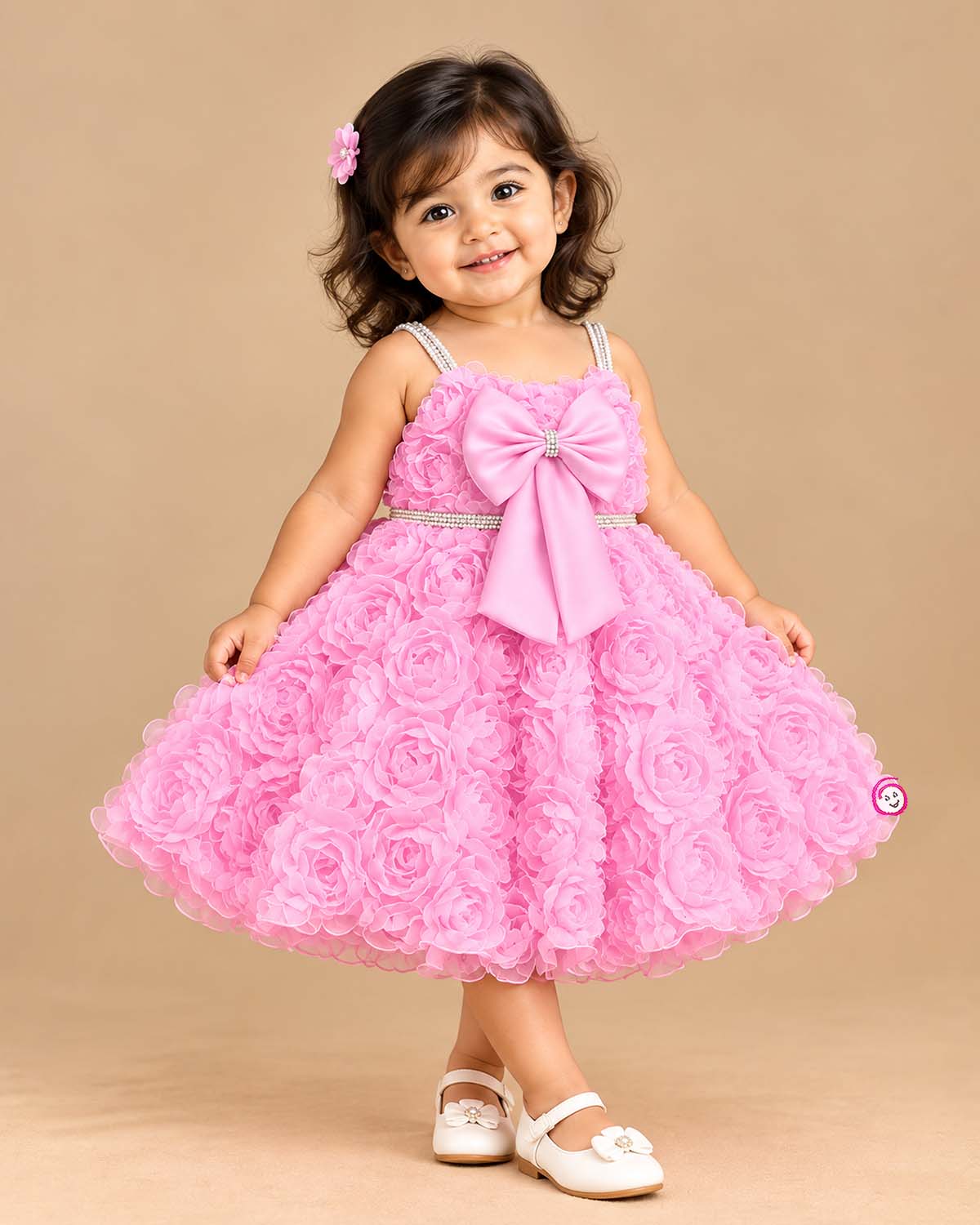 Baby girl floral applique party frock with statement bow and ruffled net layers