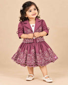 Mauve purple floral embroidered top and skirt set for girls with scalloped hem