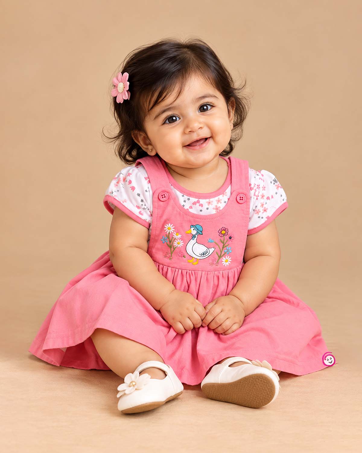 Baby girl casual cotton frock with embroidered bib detail and puff short sleeve