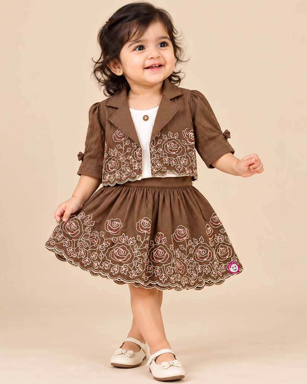 Toddler embroidered jacket and skirt set with floral detailing for party wear