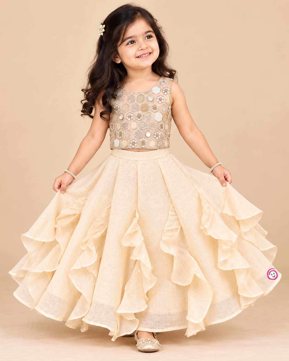 Beige handloom mirror work choli and ruffled skirt set for toddler girls ethnic wear