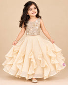 Beige handloom mirror work choli and ruffled skirt set for toddler girls ethnic wear