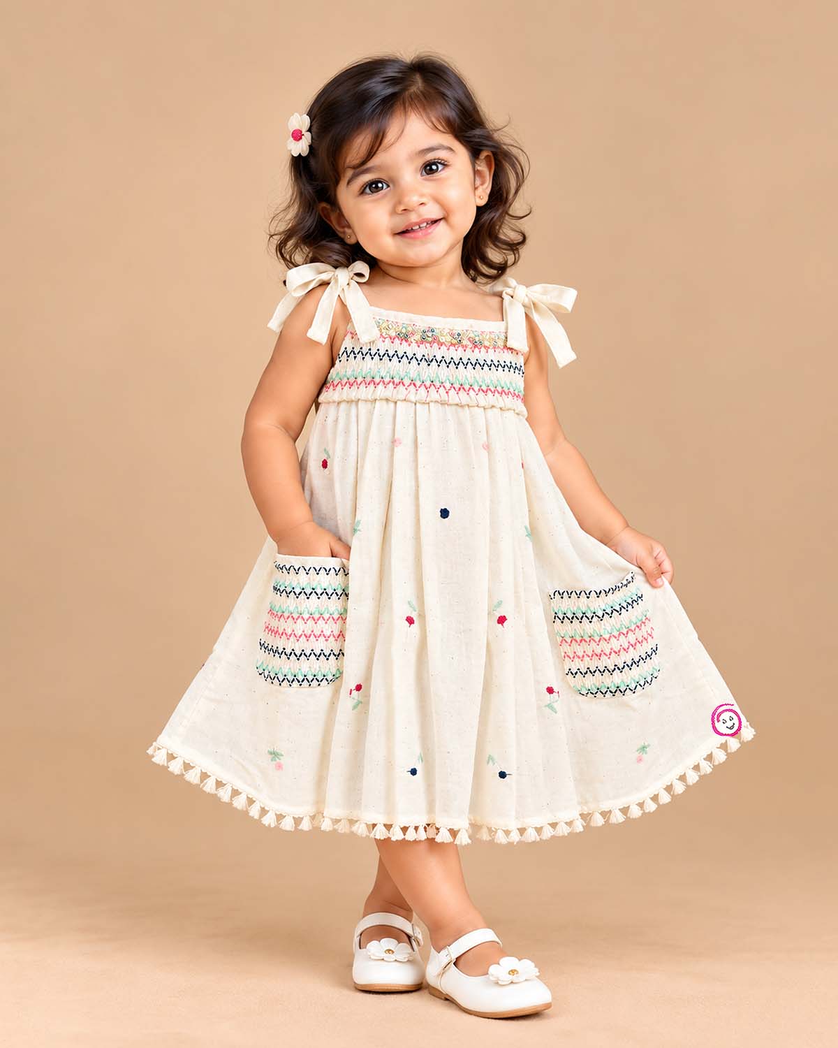 Little girl embroidered cotton frock with round neck and ribbon shoulder tie ups for birthday party and summer gathering