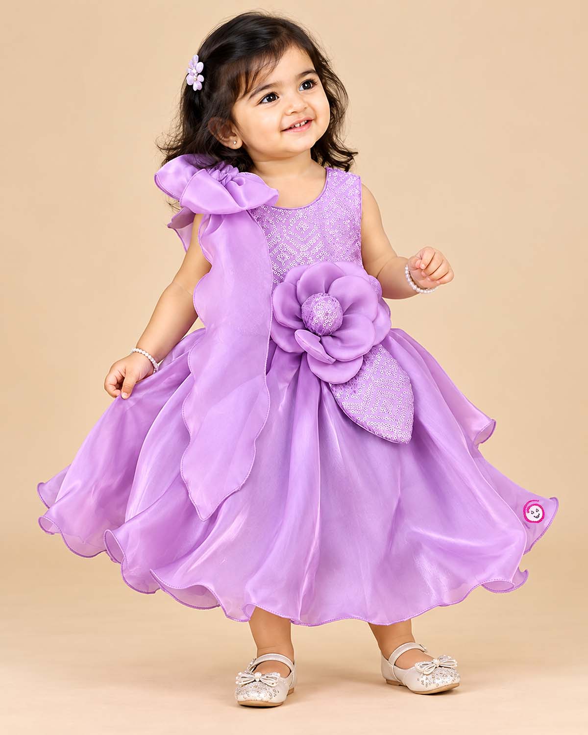 Lavender sequin net toddler party frock with big shoulder bow and flower accent for girls