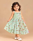 Infant floral cotton frock with pleated layered hem and ruffle trim for birthday party and summer outing