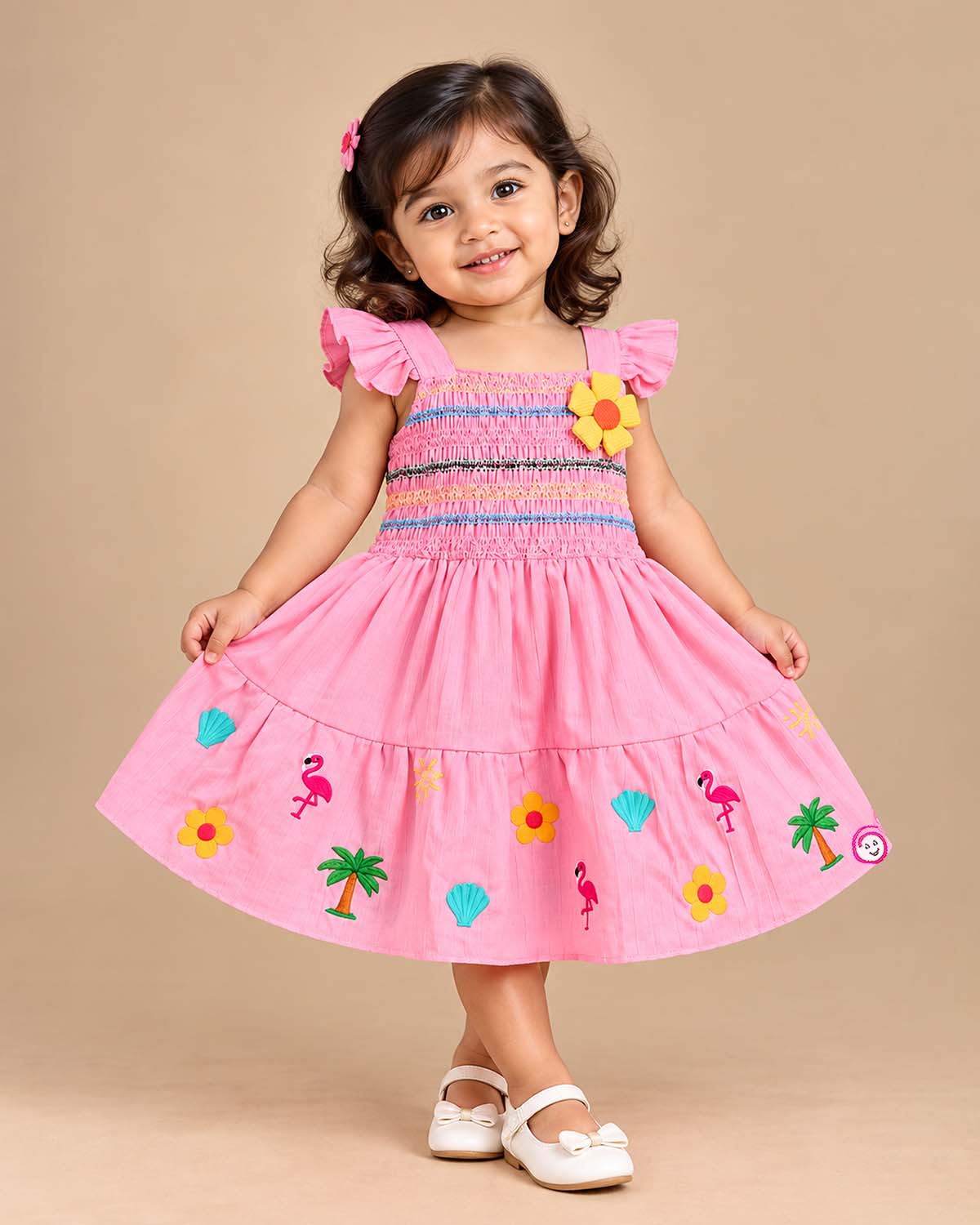 little girl smocked cotton frock flutter sleeve casual party dress