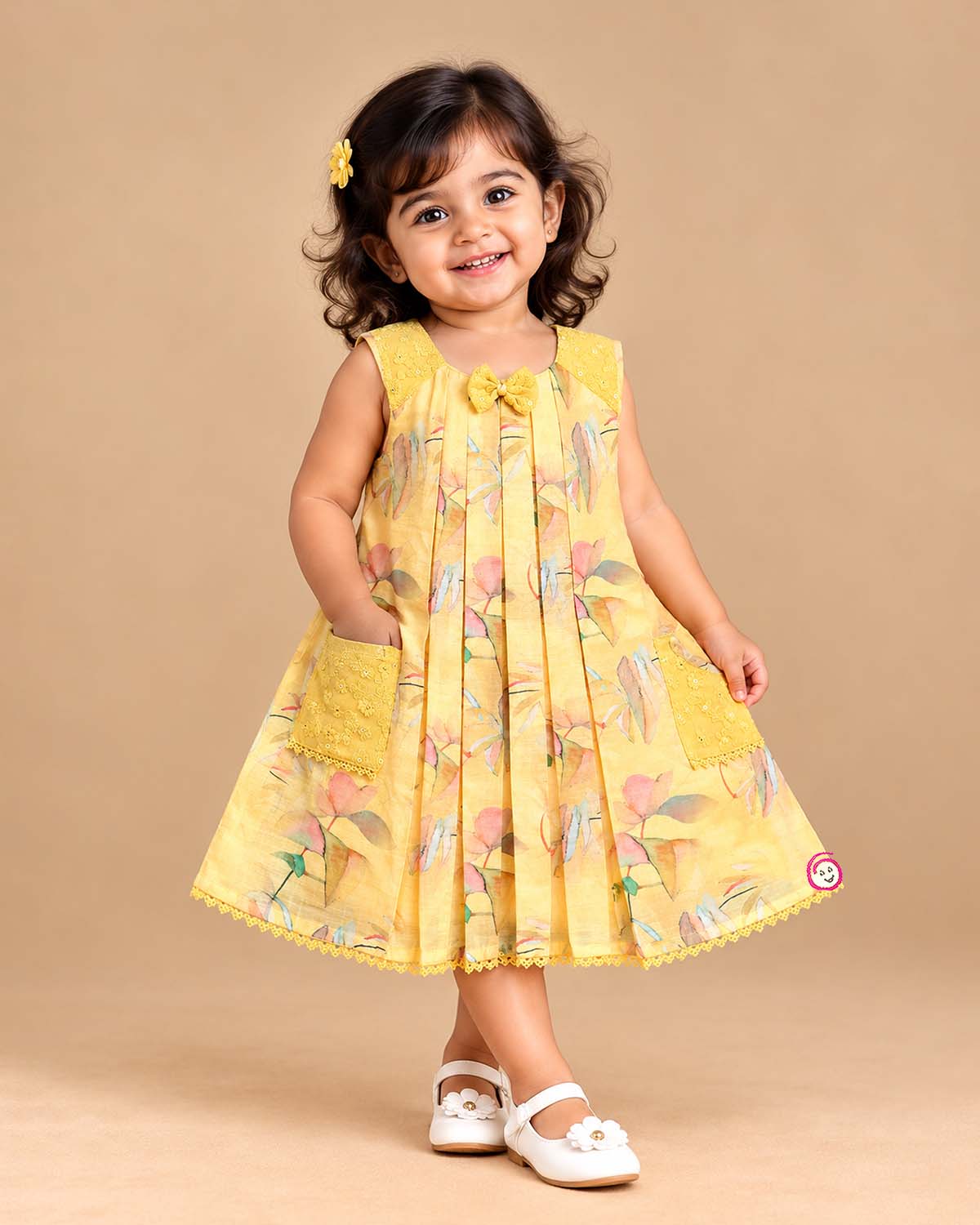 Baby girl floral printed infants frock with bow accent and sequin pockets for birthday western wear