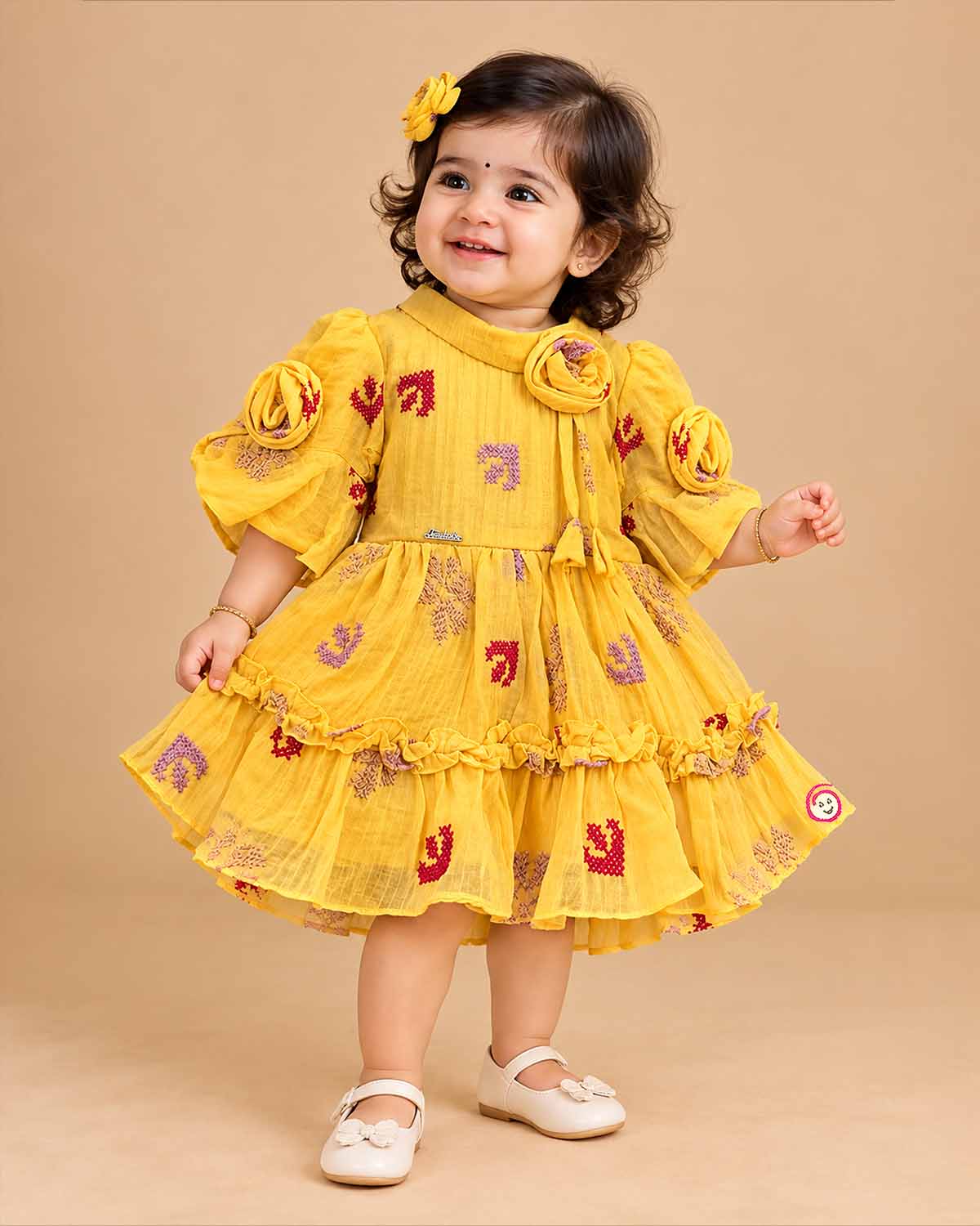 Baby Girl Cotton Frock with Bell Sleeves and Embroidered Floral Motifs for Casual Wear