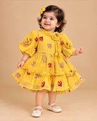 Baby Girl Cotton Frock with Bell Sleeves and Embroidered Floral Motifs for Casual Wear
