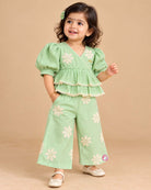 Toddler cotton embroidered top and wide leg pant set for girls birthday outfit and daily wear