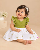 Toddler frill linen frock with embroidery details for casual playdates