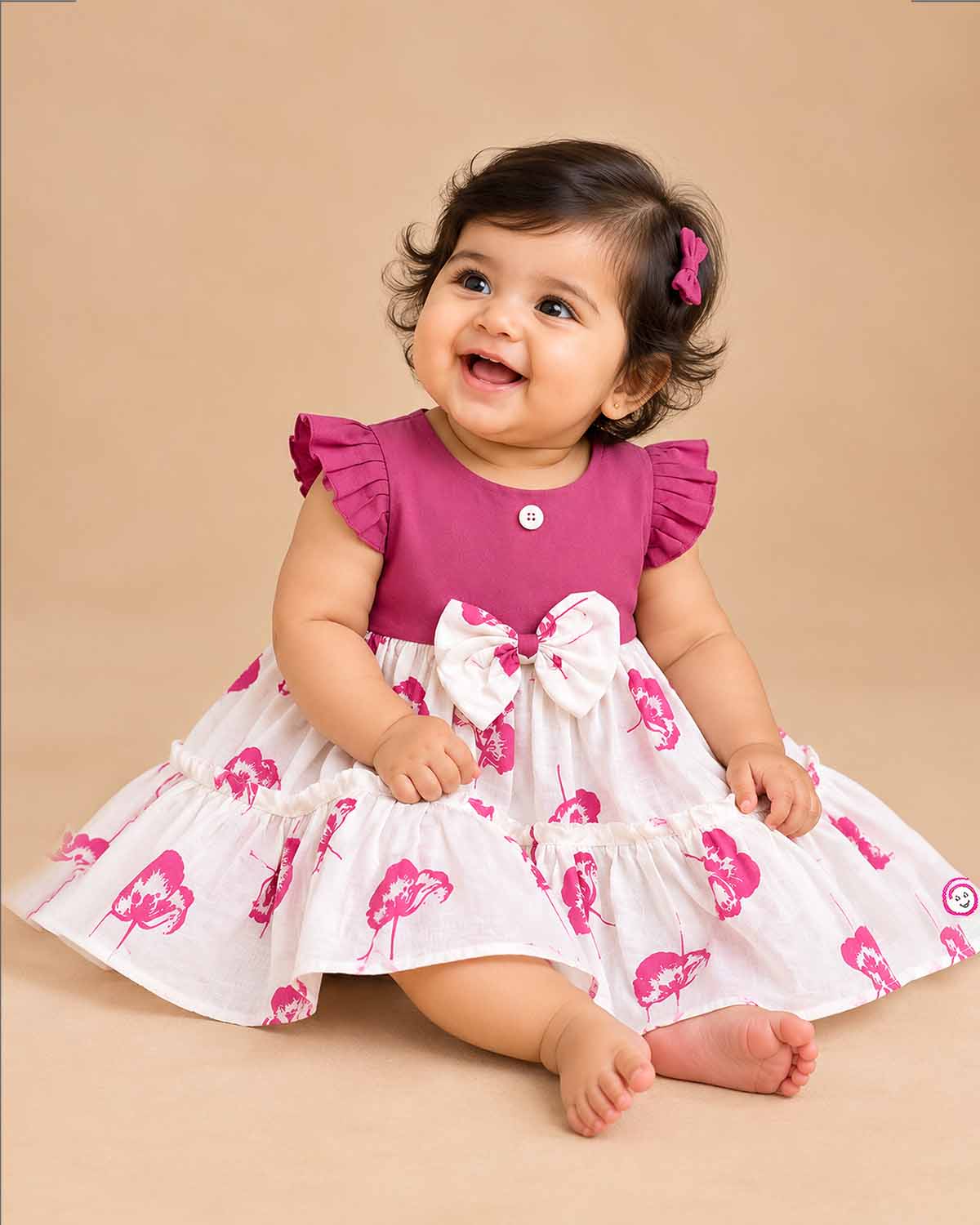Toddler girl floral tiered frock with ruffled flutter sleeves, waist bow accent, and tiered flared skirt.