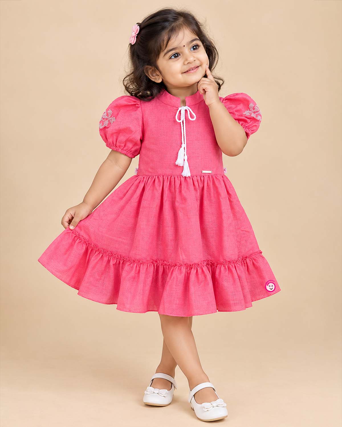 Pink toddler cotton frock with puff sleeves and Collar neck for girls