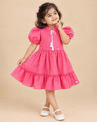 Pink toddler cotton frock with puff sleeves and Collar neck for girls