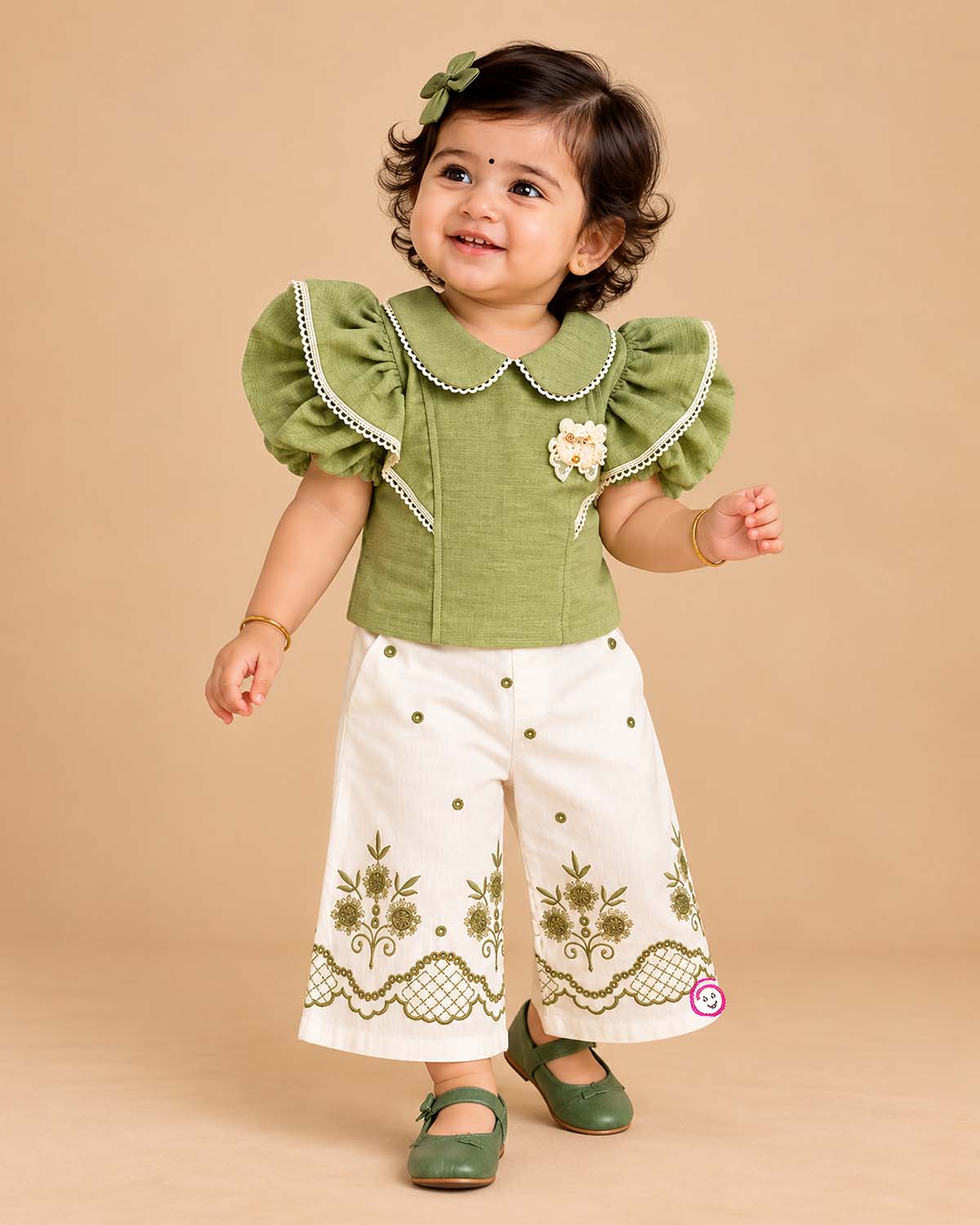 Toddler girls embroidered top and trouser set with statement puff sleeves for festive parties