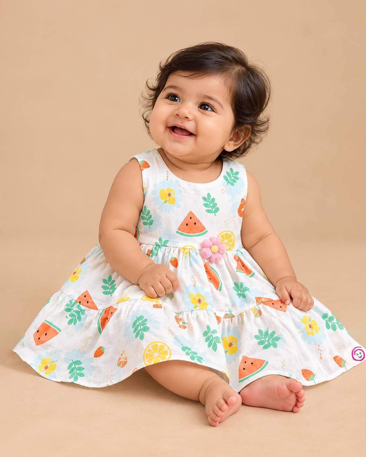 Sleeveless fruit print tiered cotton frock for girls featuring floral waist appliqué and flared A-line silhouette.