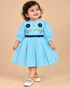 Sky blue embroidered floral cotton casual frock with navy blue flower accents for girls