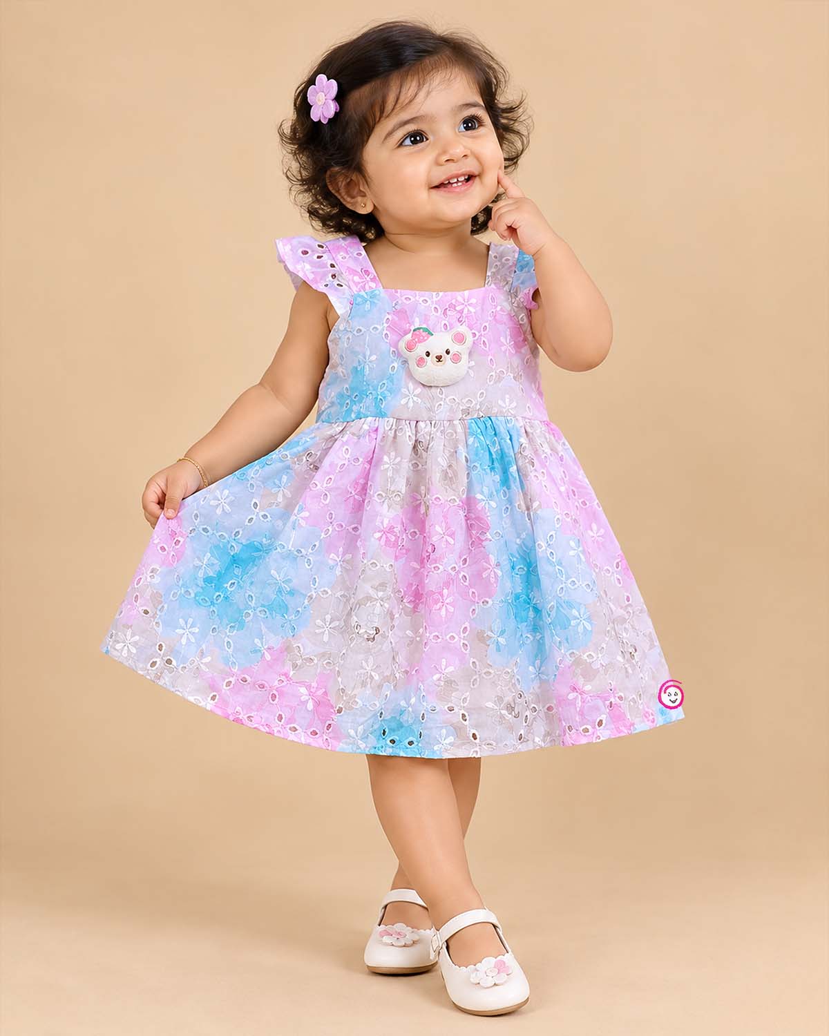 Baby girl schiffli embroidered cotton casual frock with ruffle shoulder straps and chest patch detail