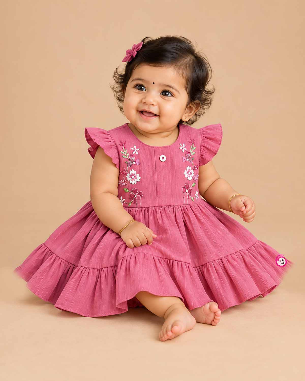Baby girl embroidered cotton frock featuring flutter sleeves and a tiered skirt for casual wear.