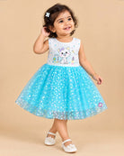 Little girl sky blue net flared frock with white cotton cat print bodice