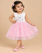 Baby girl white and pink net frock with cute cat graphic print and heart net skirt