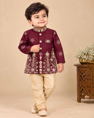 Maroon embroidered boy sherwani with gold pyjama for wedding and festive party