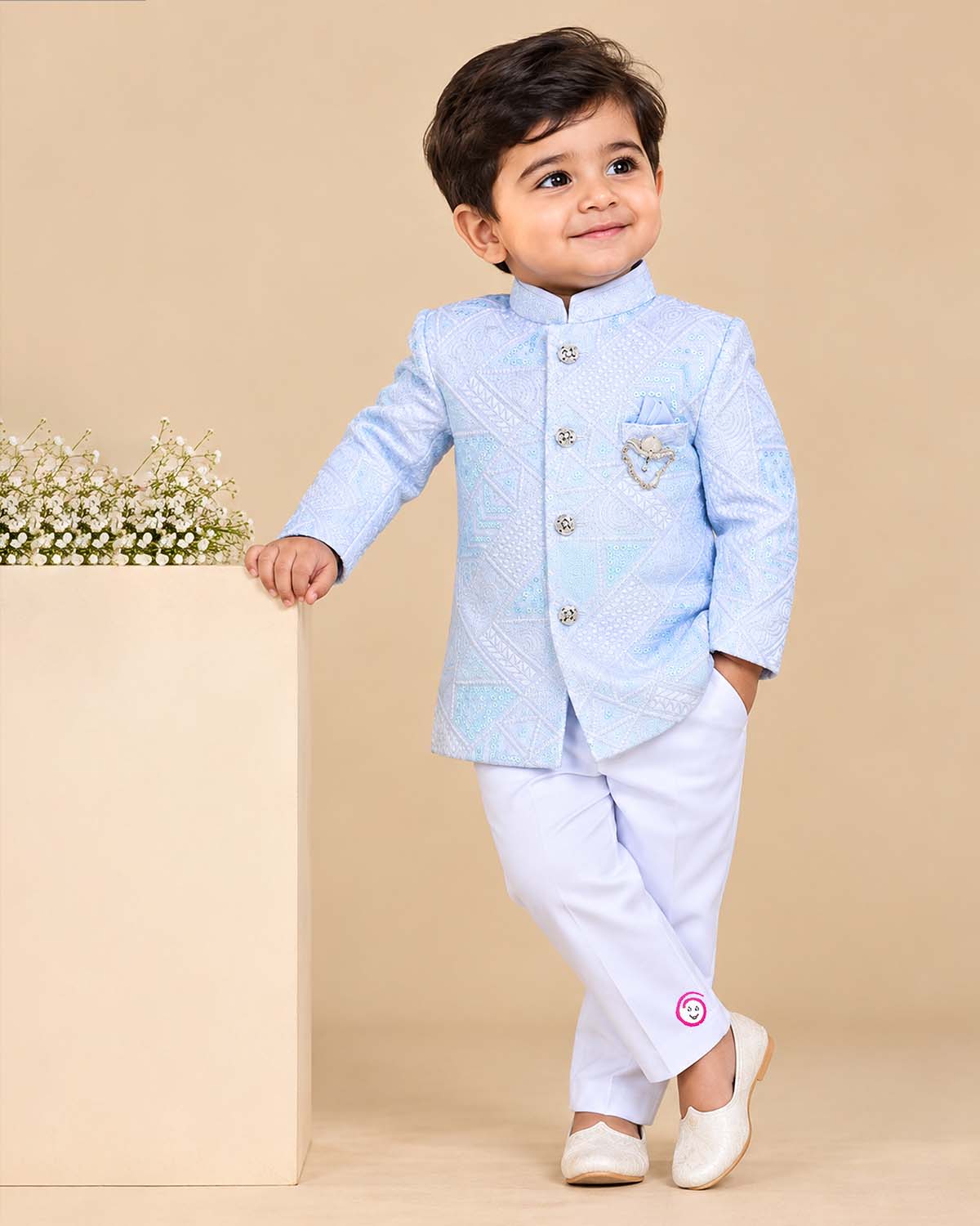 Sky blue embroidered sherwani set with white pyjama for boys by OPUS RKID