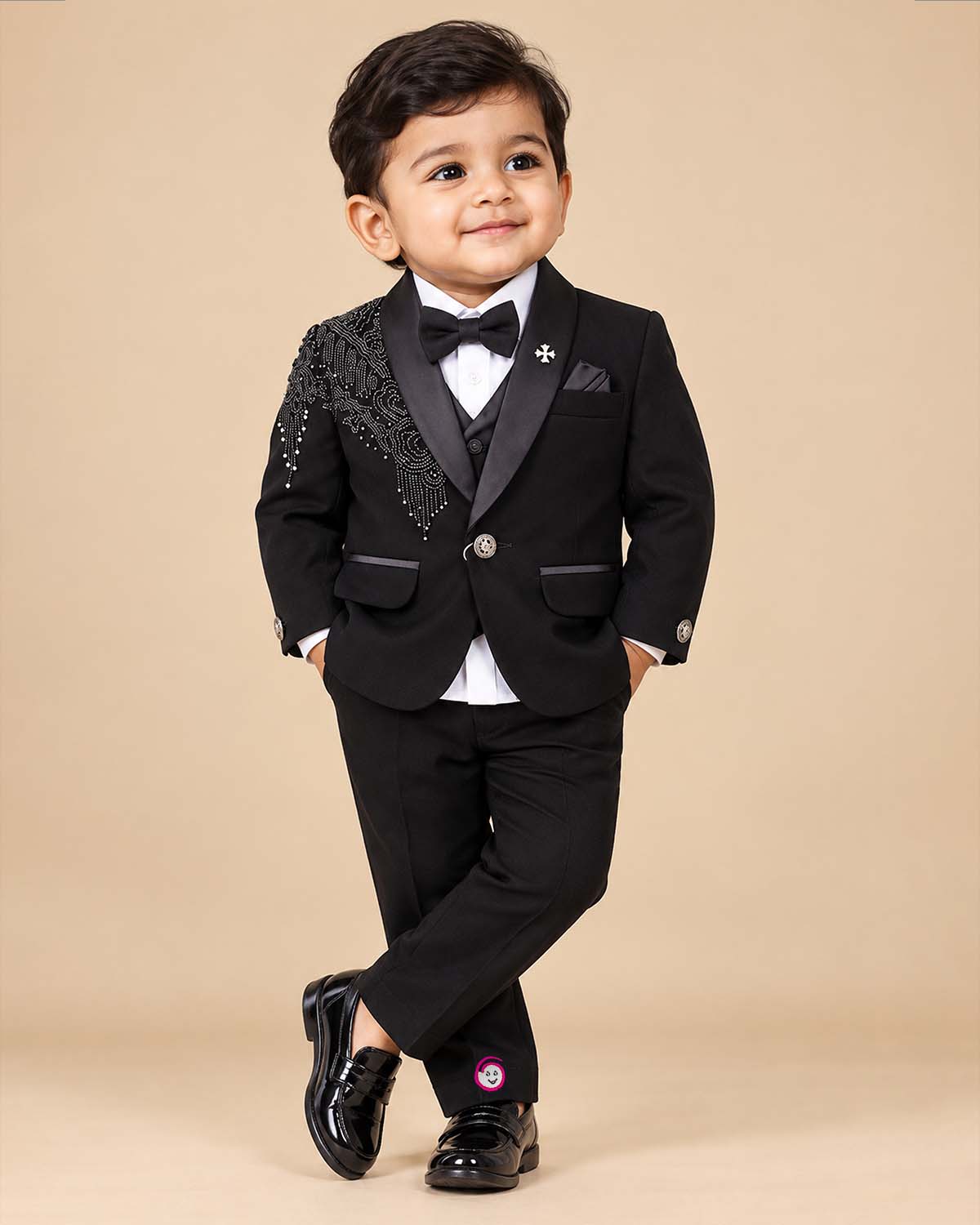 Boys black embellished tuxedo suit set with blazer trousers and bow tie