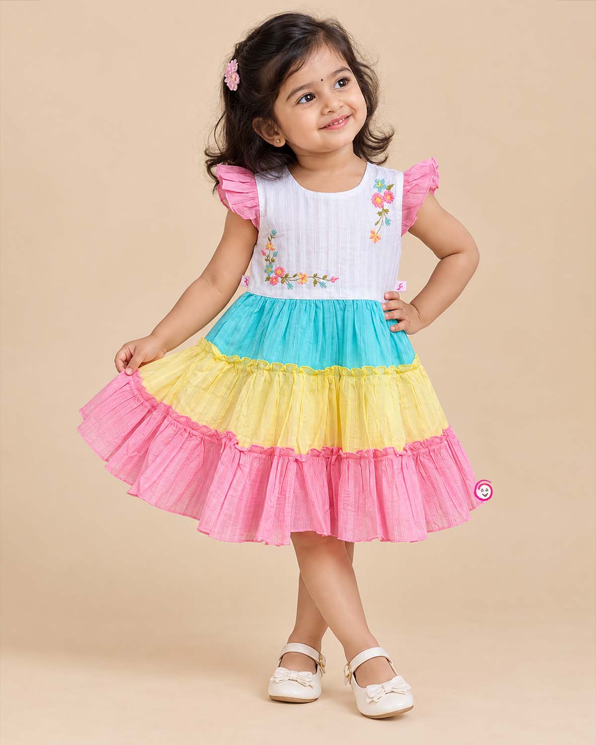 Multicolor pastel tiered cotton frock with flutter sleeves and bodice floral embroidery for girls