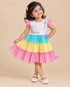 Multicolor pastel tiered cotton frock with flutter sleeves and bodice floral embroidery for girls