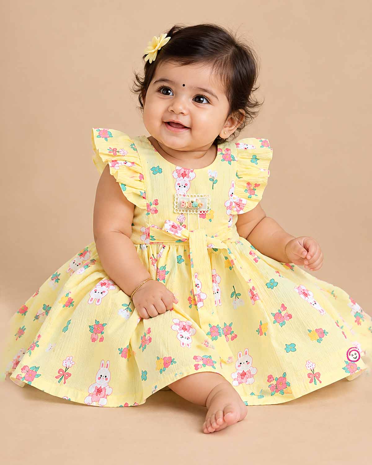Toddler girl printed cotton A-line frock featuring ruffle shoulders, waist tie bow, and delicate lace badge accent.