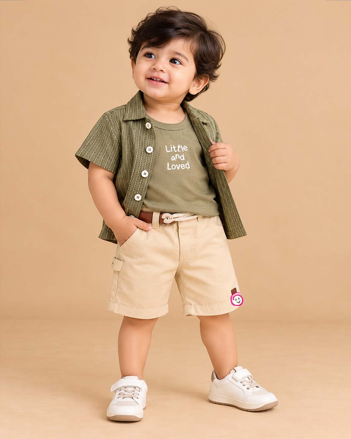 Toddler boys textured vertical stripe collar short sleeve shirt and tailored shorts set with rope belt detail