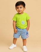 Lime green lion patch knitted top and denim shorts set for kids birthday parties, family outings, and festivals