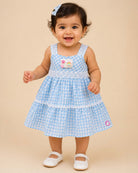 Little princess checked cotton casual frock with lace shoulder straps and tiered design for comfortable everyday wear