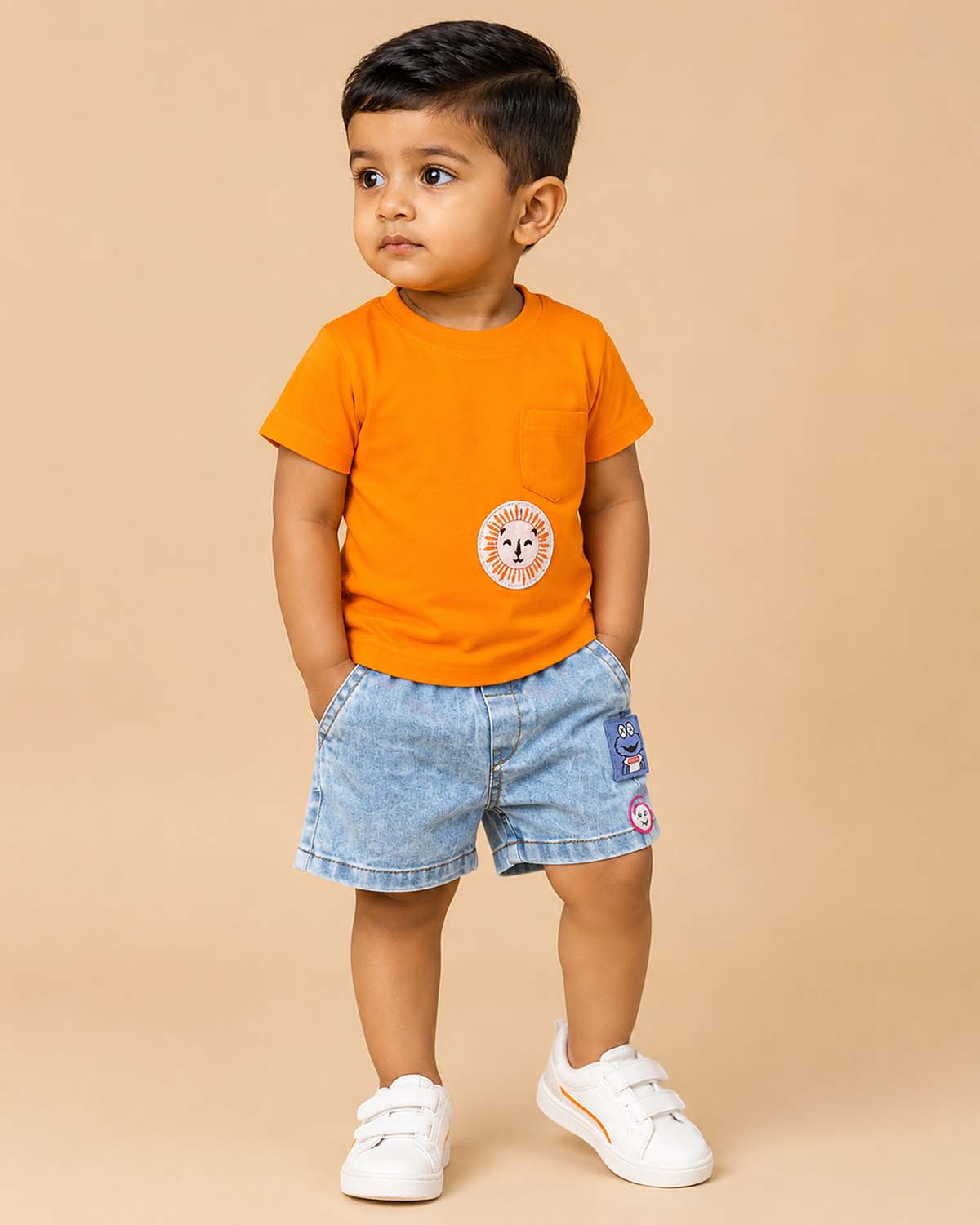 Boys casual short sleeve knitted t-shirt with chest pocket lion graphic paired with elastic waist denim shorts set
