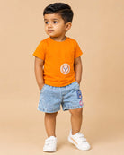 Boys casual short sleeve knitted t-shirt with chest pocket lion graphic paired with elastic waist denim shorts set
