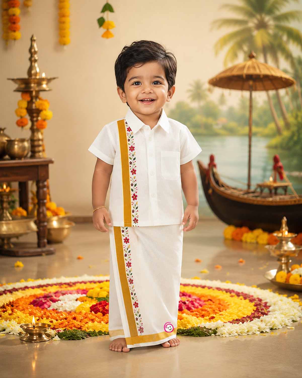 Dapper traditional Indian outfit for young boys featuring a short-sleeved collared shirt with zari trims and floral embroidery paired with a matching golden-bordered dhoti.