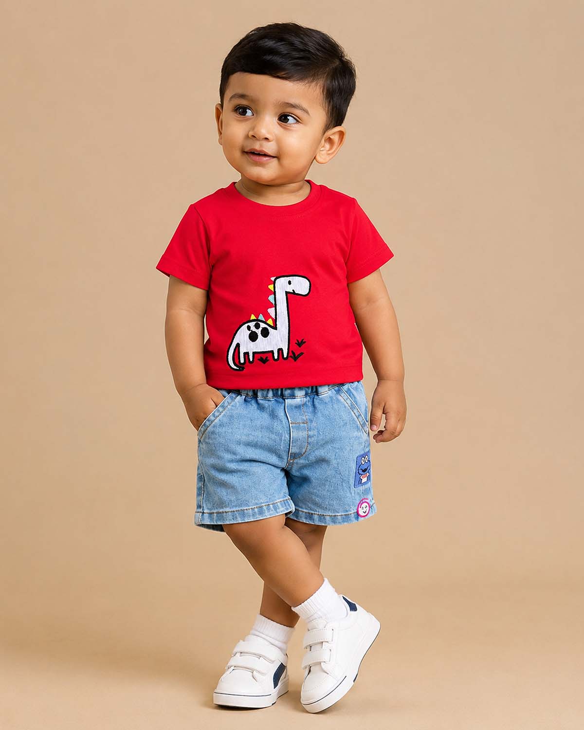 Red dinosaur applique knitted top and denim shorts set for kids birthday parties, family outings, and festivals