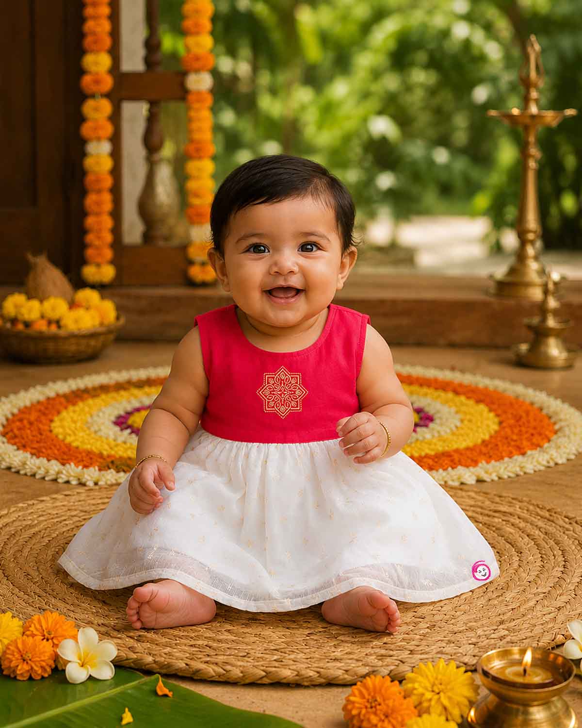 Sleeveless traditional festive attire for toddlers featuring an embroidered central emblem and a voluminous flared skirt.