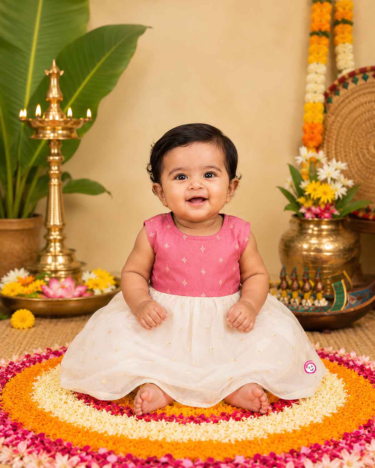 Traditional sleeveless festive attire for a little princess featuring subtle metallic buttis and a gathered flared skirt.