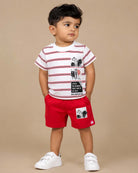 White striped t-shirt with graphic patches and red elasticated shorts baby boy top and shorts set for summer vacations, playdates, and park outings