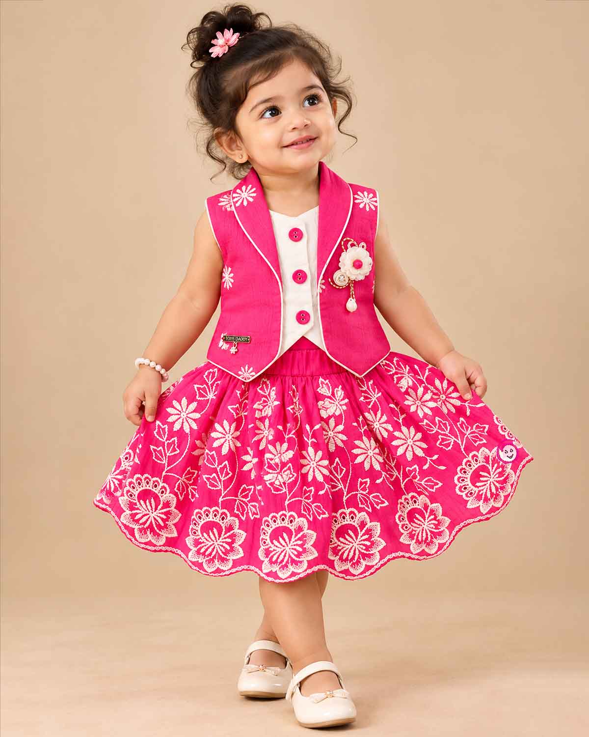 Toddler girl embroidered crop top and pleated skirt set featuring floral threadwork and structured vest layer