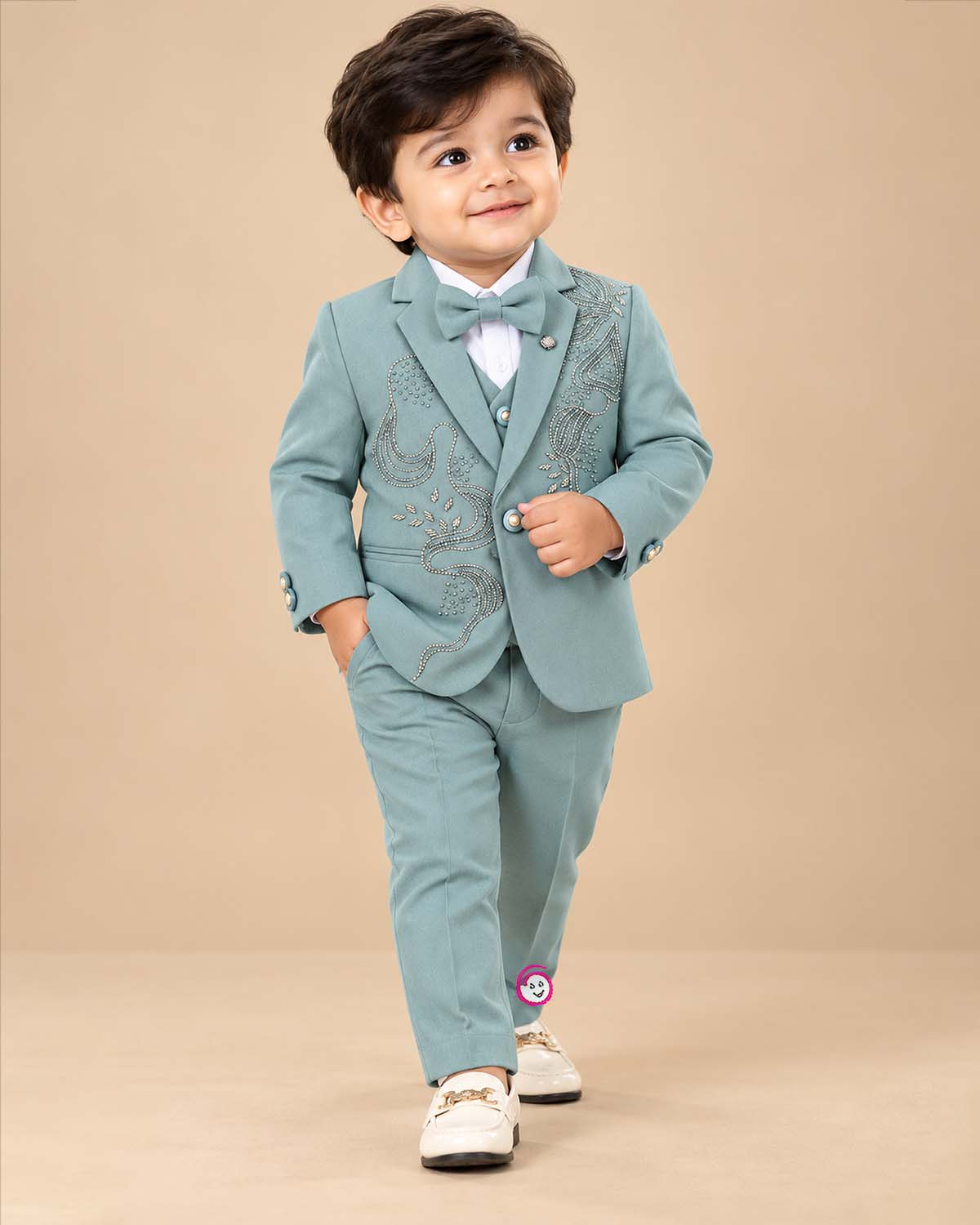 Boys embroidered formal suit set with rhinestone beadwork blazer vest and matching pant.