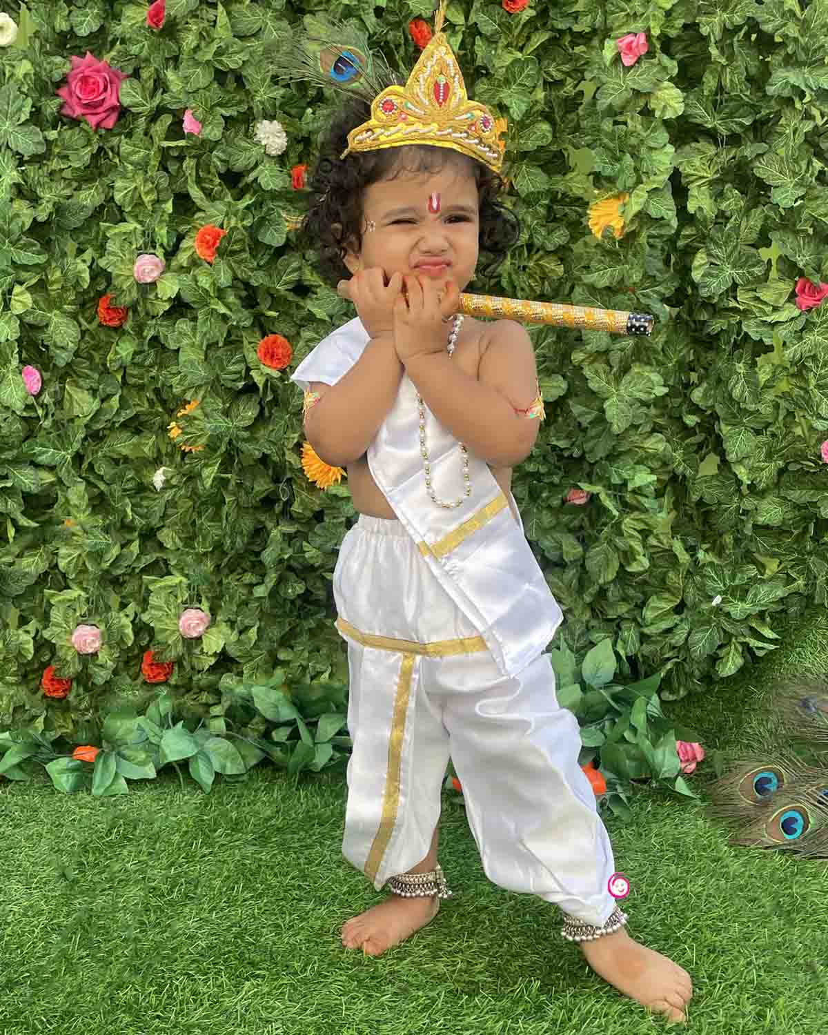 Infant Krishna dress featuring silk dhoti patka sash mukut with peacock feather flute and necklace