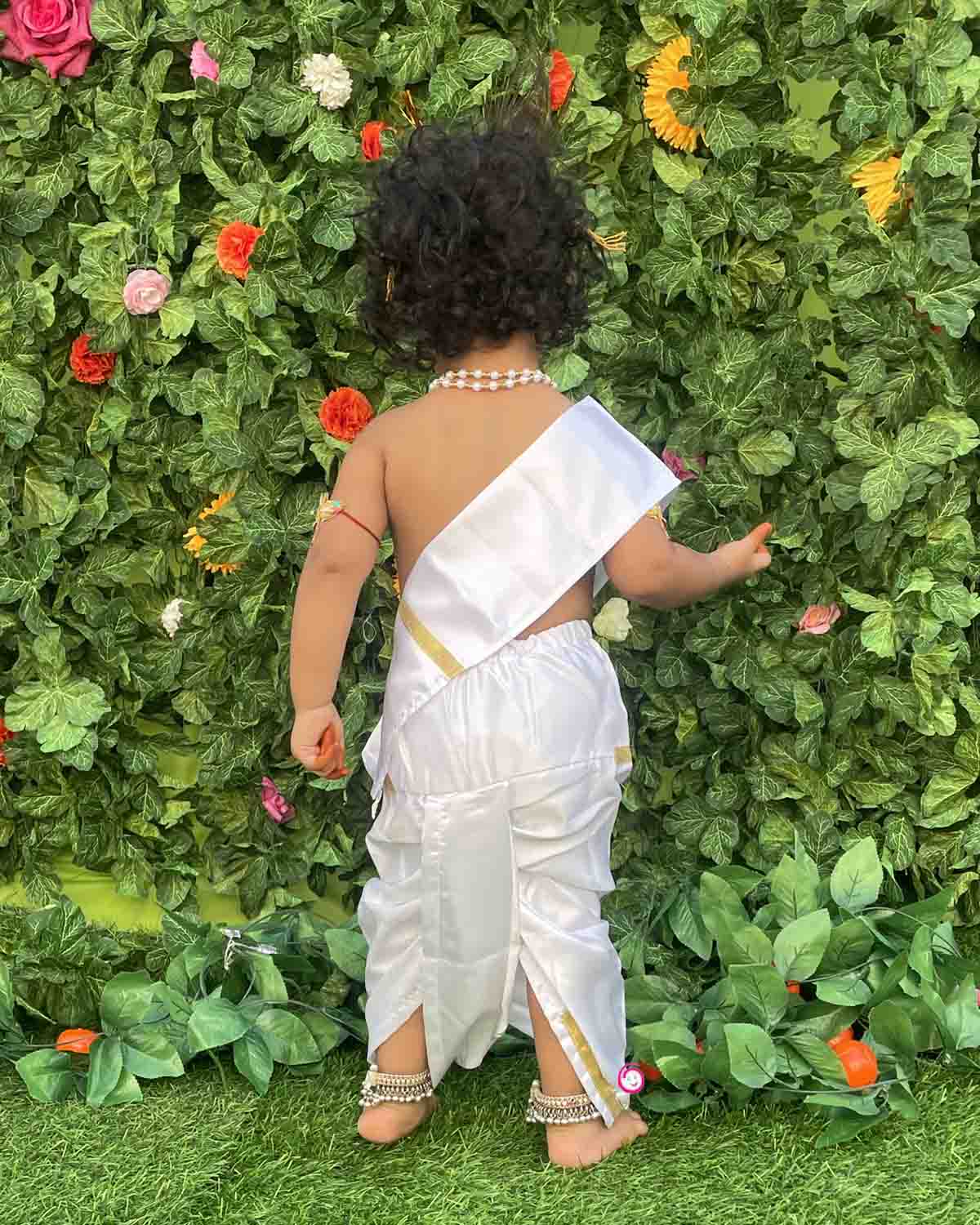 Infant Krishna dress featuring silk dhoti patka sash mukut with peacock feather flute and necklace